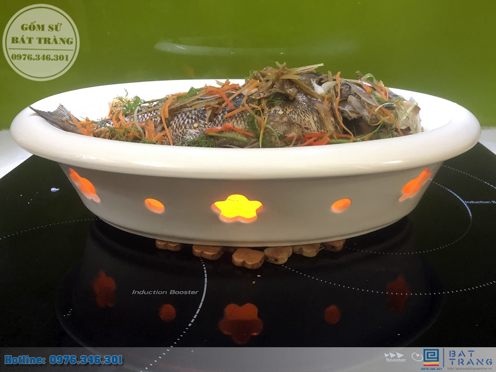 Bếp hâm đồ ăn hình bầu dục bằng gốm Bát Tràng cao cấp 4