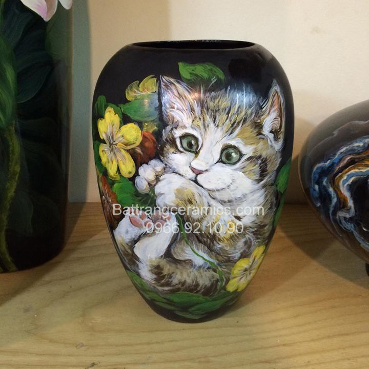Lọ sơn mài 3D họa tiết mèo và hoa