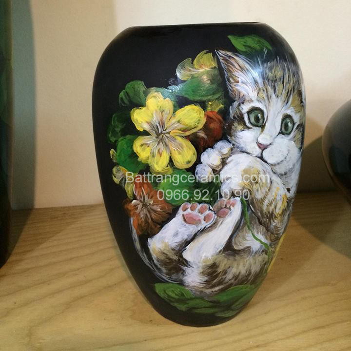Lọ sơn mài 3D họa tiết mèo và hoa gốm sứ Bát tràng 2