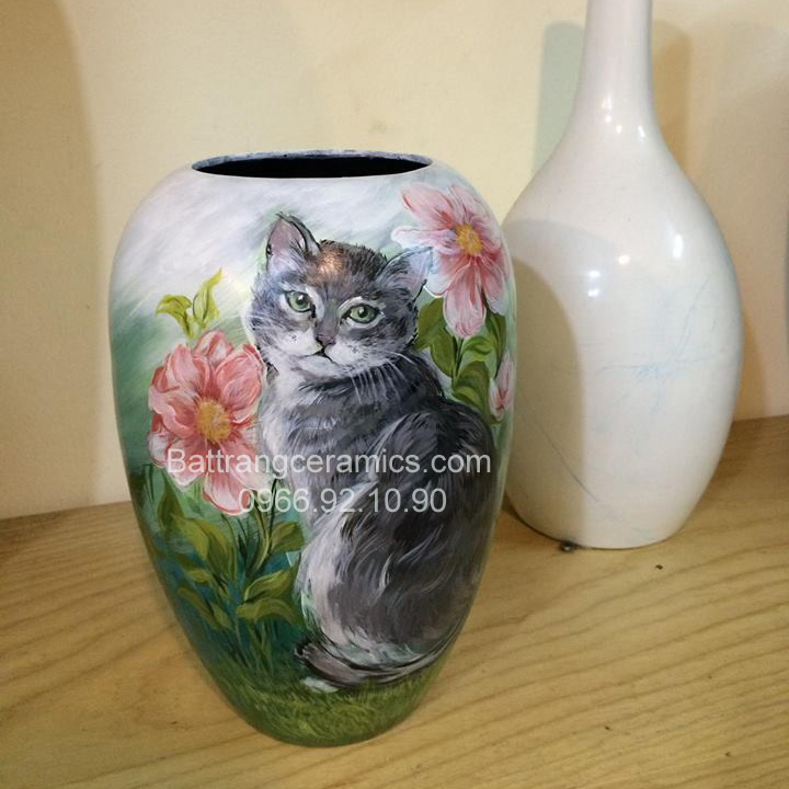 Lọ sơn mài 3D họa tiết mèo và hoa gốm sứ Bát tràng 3