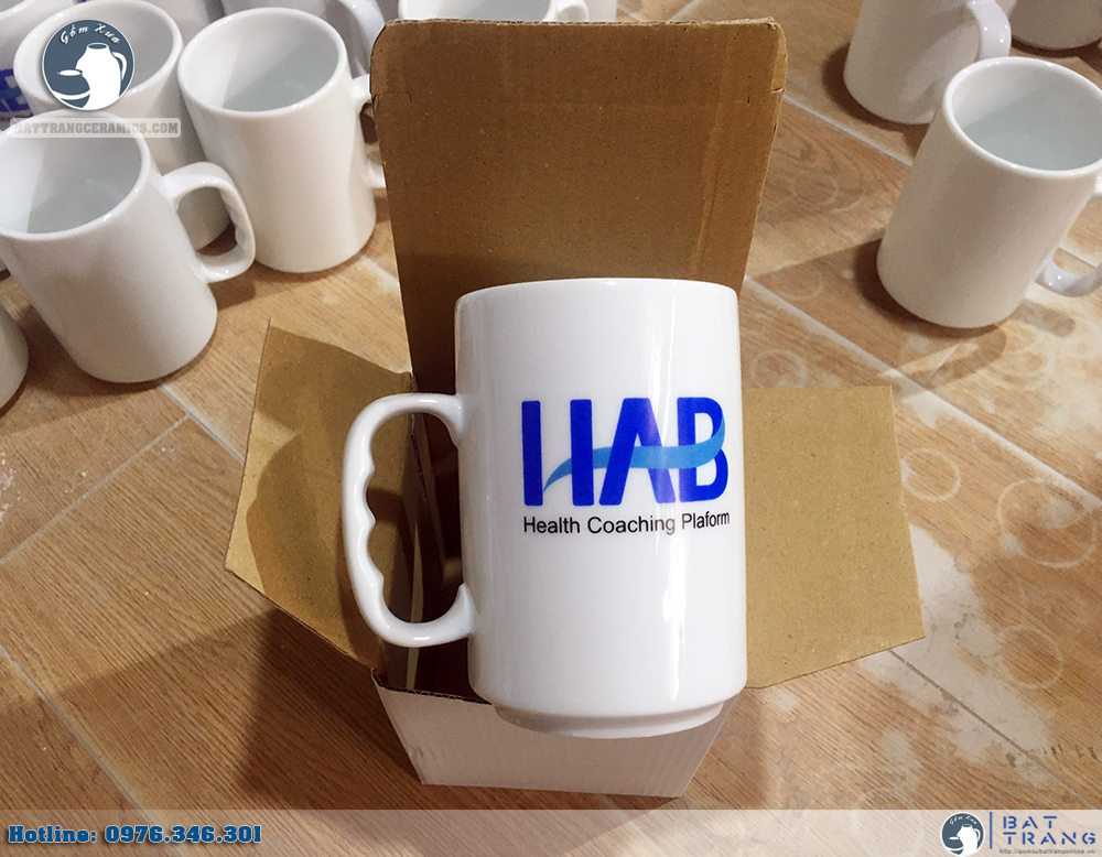 Đơn hàng 1000 cốc gốm sứ in logo HAB Việt Nam