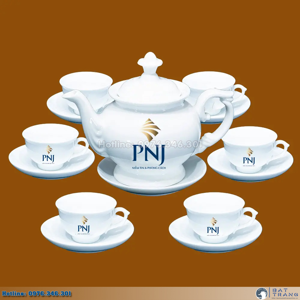 Bộ ấm chén gốm sứ Bát Tràng quà tặng in logo PNJ