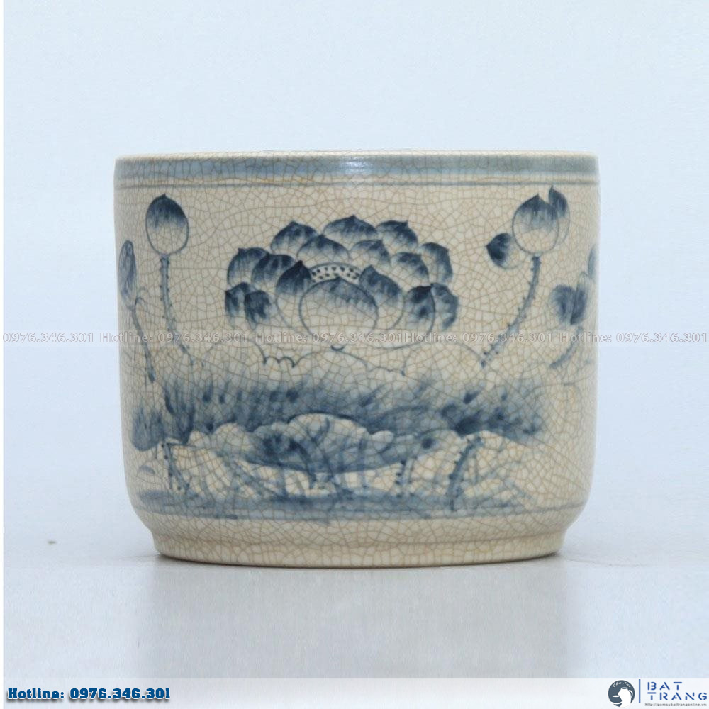 Bát hương men rạn vẽ sen - đường kính 22cm
