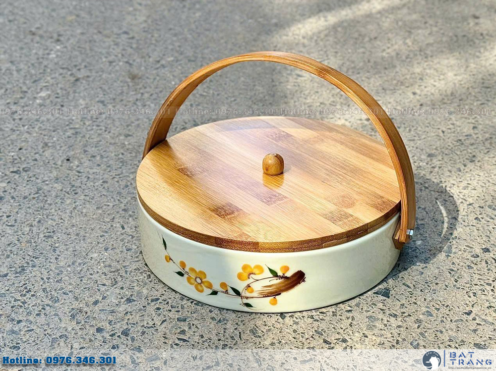 Khay mứt Tết quai gỗ 4 ngăn Bát Tràng cao cấp 2026 7