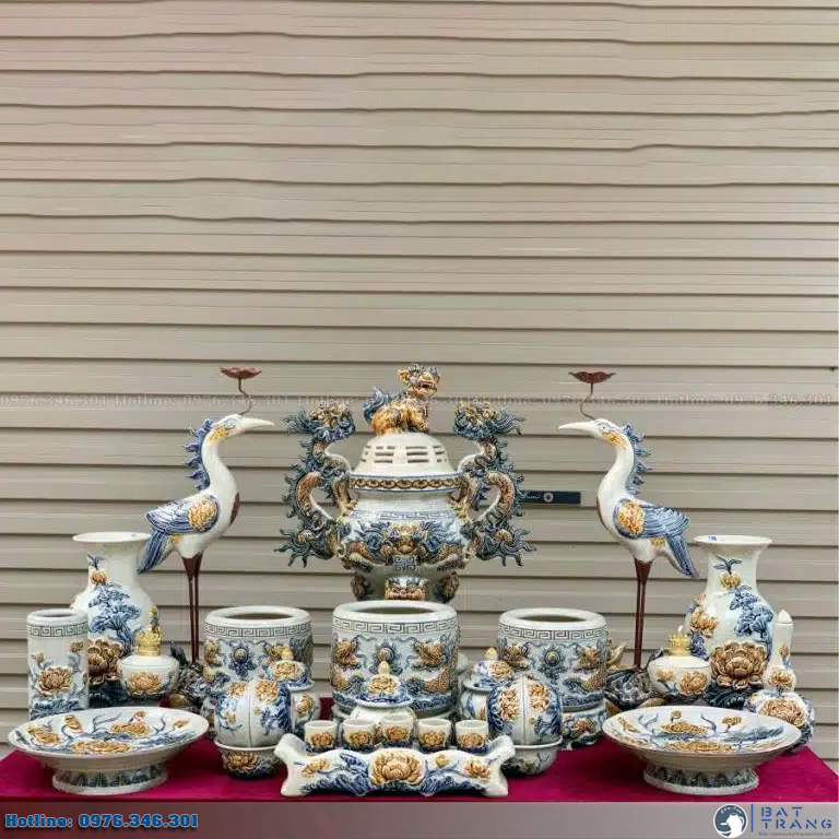 Bộ đồ thờ men rạn đắp nổi số 21BT02 Bát Tràng