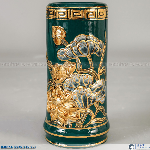 Ống hương hoa sen màu xanh lục bảo vẽ vàng