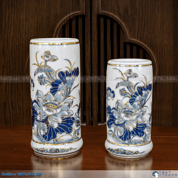 Ống hương hoa sen men lam vẽ vàng