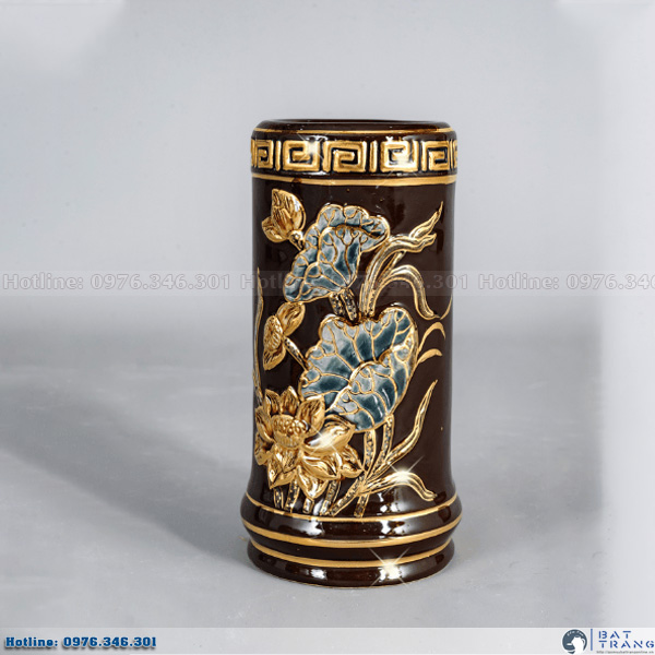 Ống hương hoa sen men nâu vẽ vàng