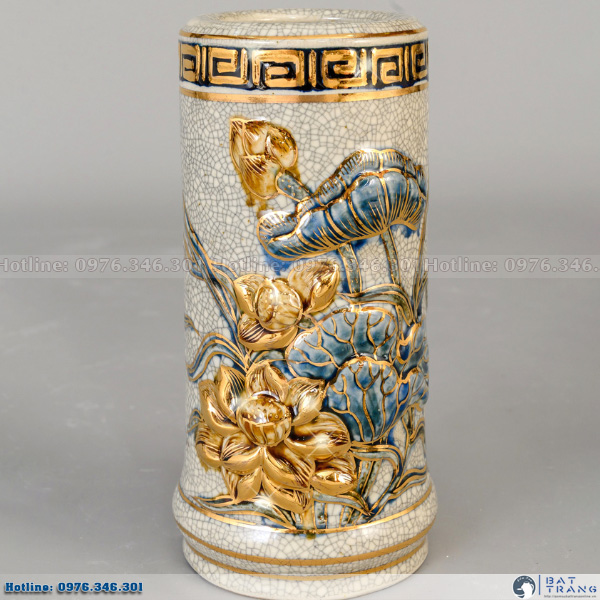 Ống hương hoa sen men rạn vẽ vàng