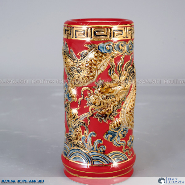 Ống hương long cuốn thủy men đỏ vẽ vàng