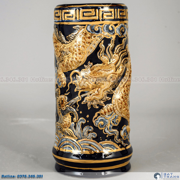 Ống hương long cuốn thủy men màu xanh coban vẽ vàng