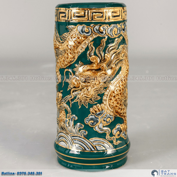 Ống hương long cuốn thủy men màu xanh lục bảo vẽ vàng