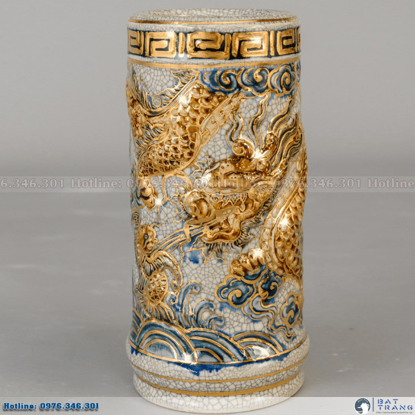 Ống hương long cuốn thủy men rạn vẽ vàng