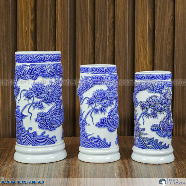 Ống hương long quấn thủy men ngọc đắp nổi