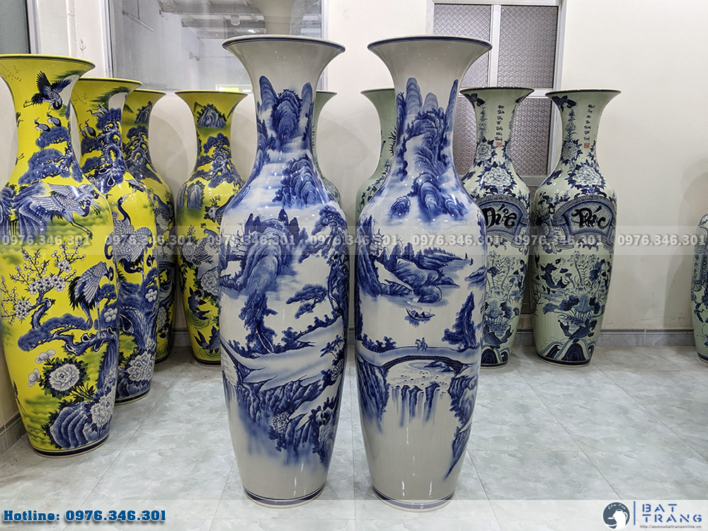 Lọ lộc bình Bát Tràng men lam vẽ Sơn Thủy Tùng Chùa 1m6 2