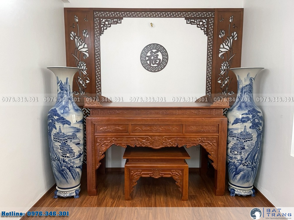 Lọ lộc bình Bát Tràng men lam vẽ Sơn Thủy Tùng Chùa 1m6 4