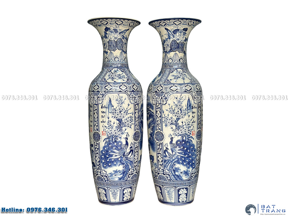 Lọ lộc bình Bát Tràng men lam Tứ Quý vẽ kỹ 1m25