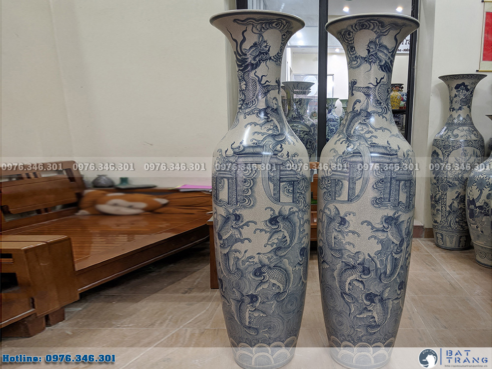 Lọ lộc bình Bát Tràng men rạn vẽ kỹ Cá Chép Hóa Rồng 1m6
