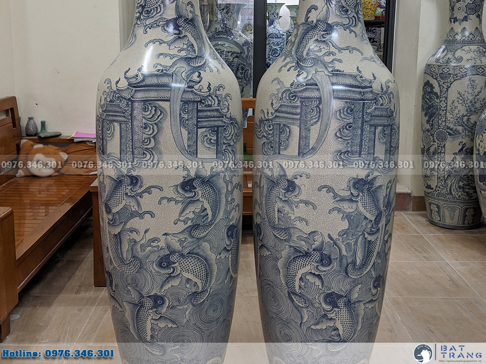 Lọ lộc bình Bát Tràng men rạn vẽ kỹ Cá Chép Hóa Rồng 1m6 2