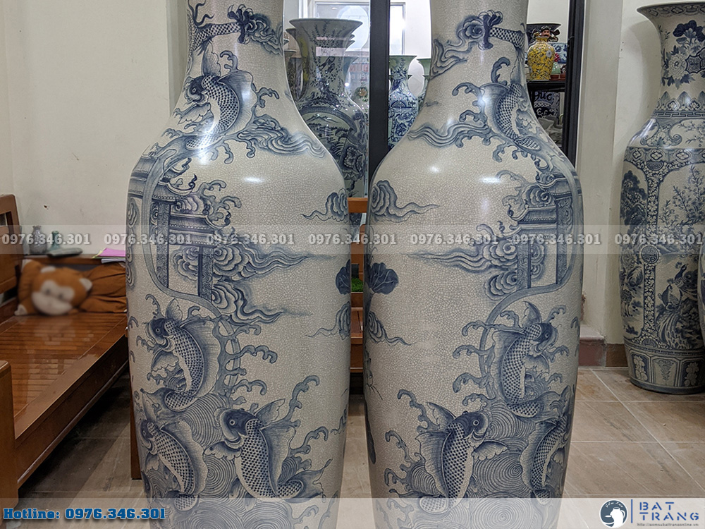 Lọ lộc bình Bát Tràng men rạn vẽ kỹ Cá Chép Hóa Rồng 1m6 3
