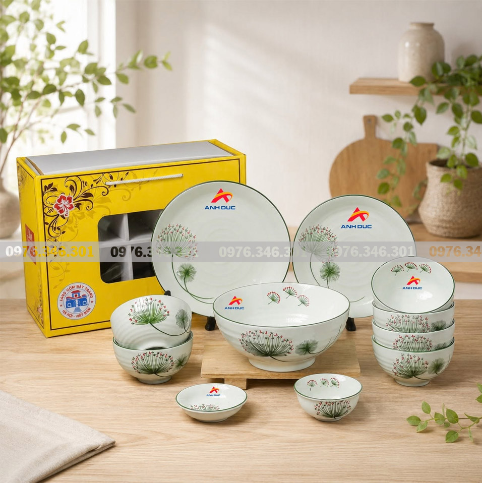 Bộ bát đĩa gốm sứ Bát Tràng in logo – Quà tặng doanh nghiệp mang giá trị Việt