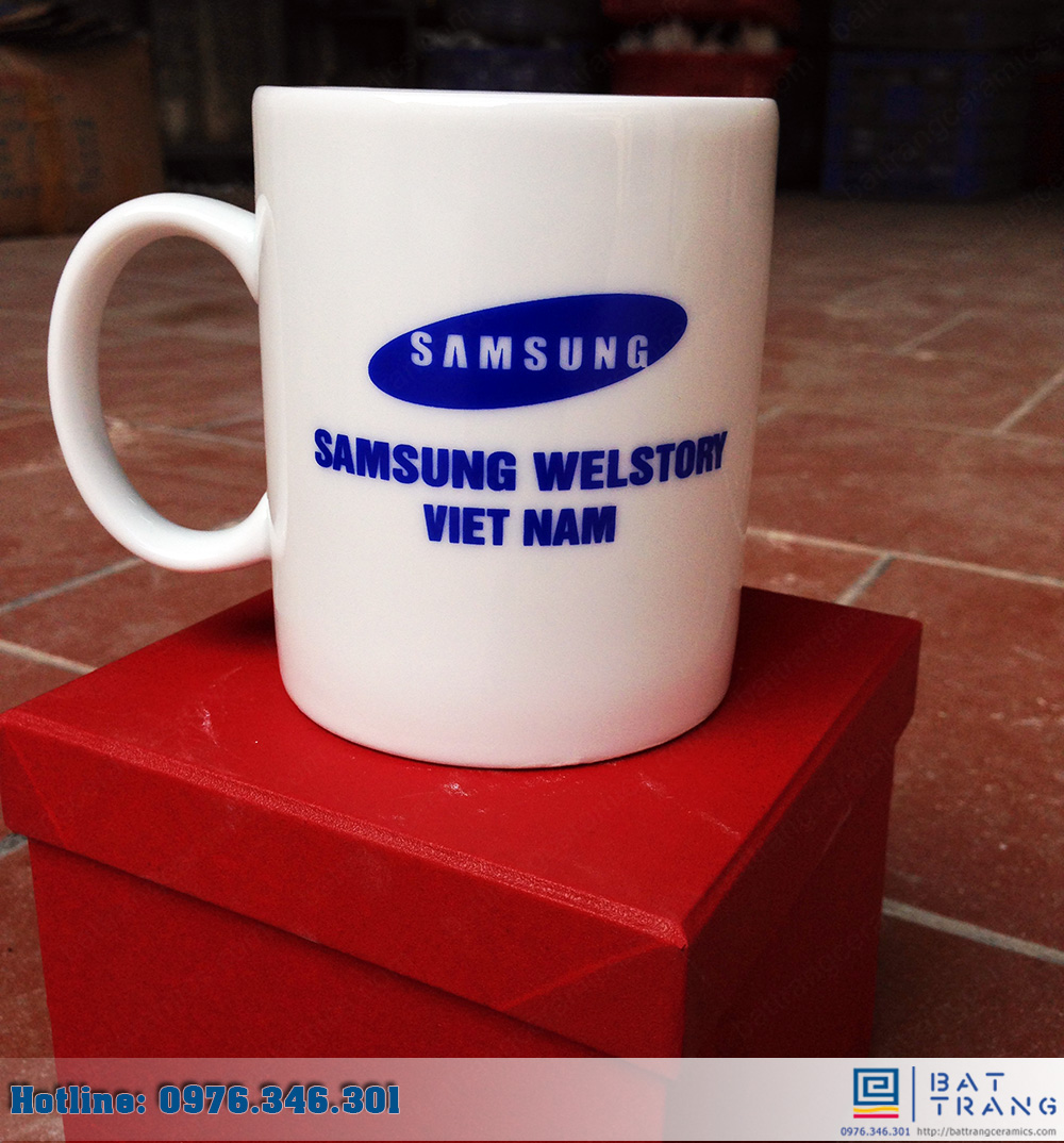Cốc gốm sứ bát tràng in logo Samsung Welstory