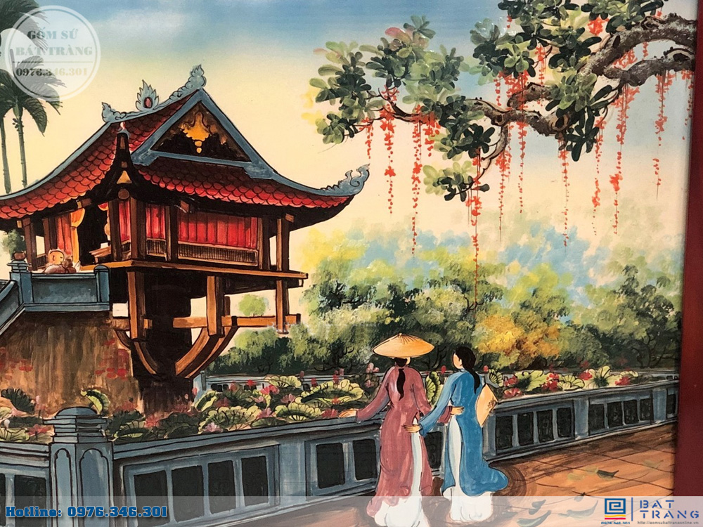 Tranh sứ Bát Tràng vẽ phong cảnh chùa một cột Hà Nội 135x88cm 3