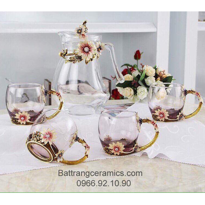 Bộ bình thủy tinh cao cấp bọc hoa nổi CA01