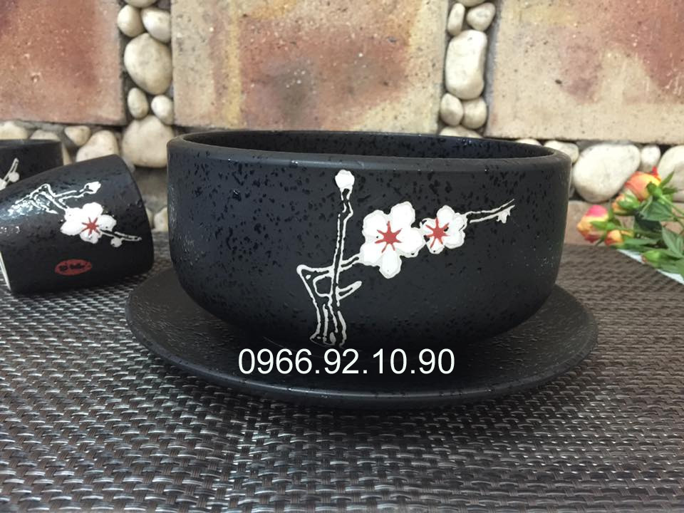 Bộ đồ ăn men đen vẽ đào cao cấp