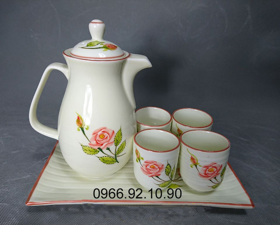 Bộ bình nước hoa hồng men kem + khay