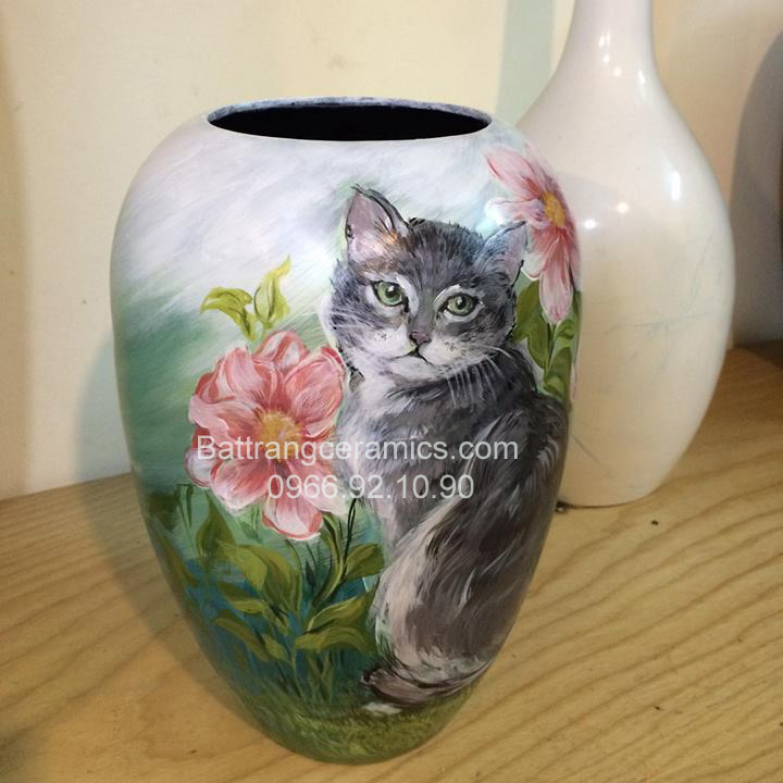 Lọ sơn mài 3D họa tiết mèo và hoa