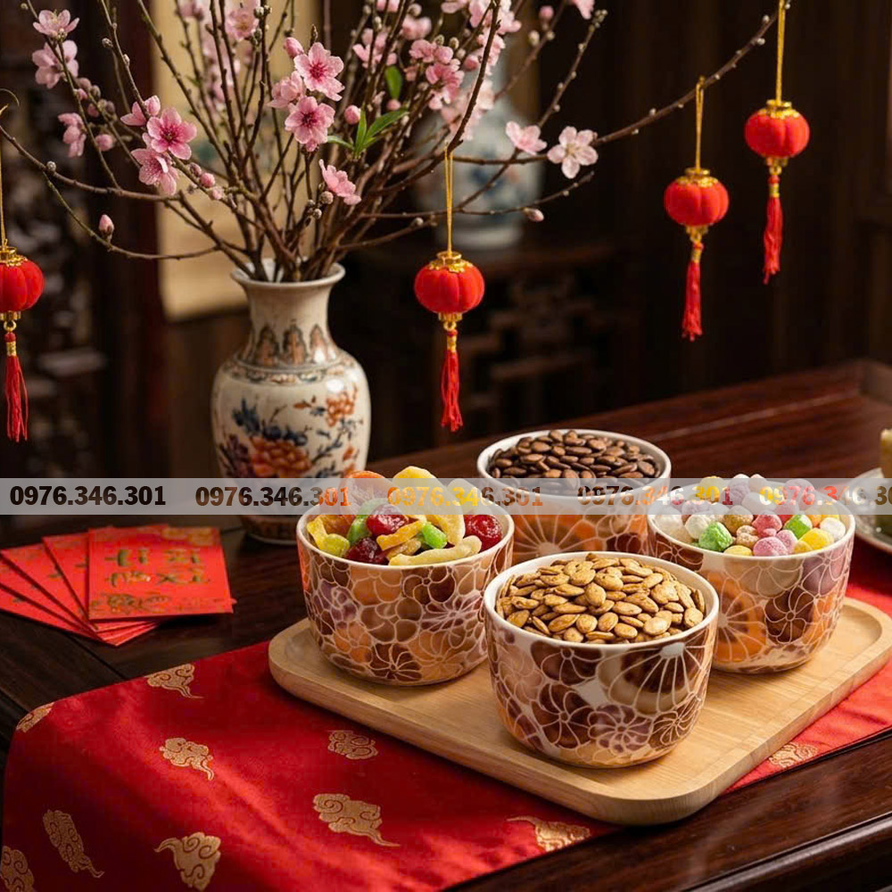 Khay mứt Tết gốm sứ Bát Tràng 2027 – Xuân Đinh Mùi 2