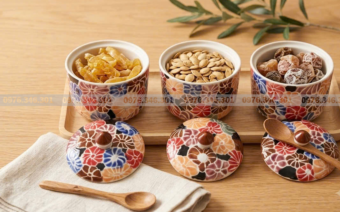 Khay mứt Tết gốm sứ Bát Tràng 2027 – Xuân Đinh Mùi 11