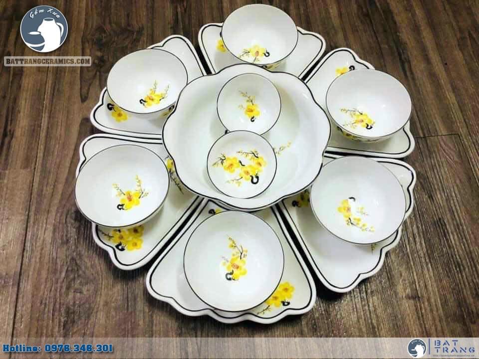 Bộ bát đĩa hoa mặt trời (Bộ bát đĩa cúng gia tiên) hoa mai vàng