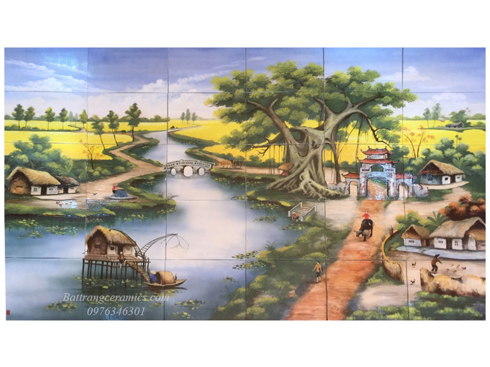 Tranh gốm sứ đồng quê Bát Tràng vẽ nông thôn nước ta giá bán sốc